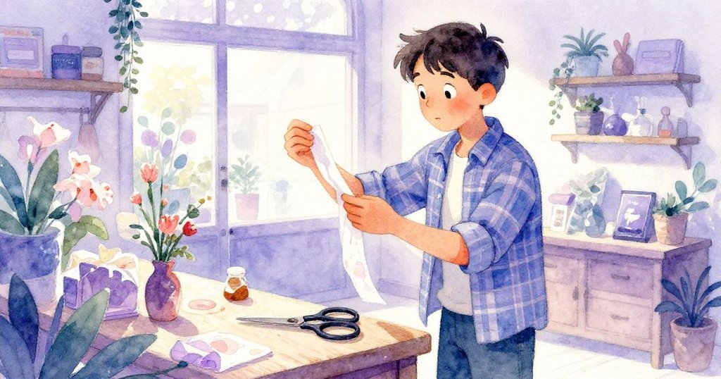 肯特彎下身好奇地檢查包裝區的散落工具，紙巾邊緣和掛著的剪刀在柔和紫光中顯得神秘。