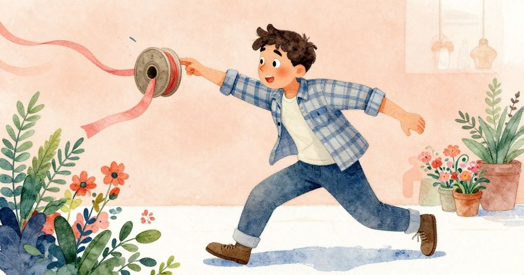 肯特急忙伸手抓住滾動的絲帶卷軸，臉上流露出緊張與堅定的神情，店內忙碌卻溫馨。