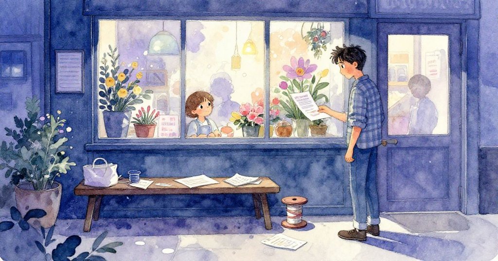 肯特站在昏暗安靜的包裝台旁，回望一天忙碌後的痕跡，神情平靜而滿足，店內散落著絲帶與紙張。