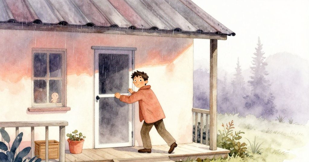 伊凡在雨中推開紗門，濕冷環境中展現專注與期待，背景有滴水和淡霧。