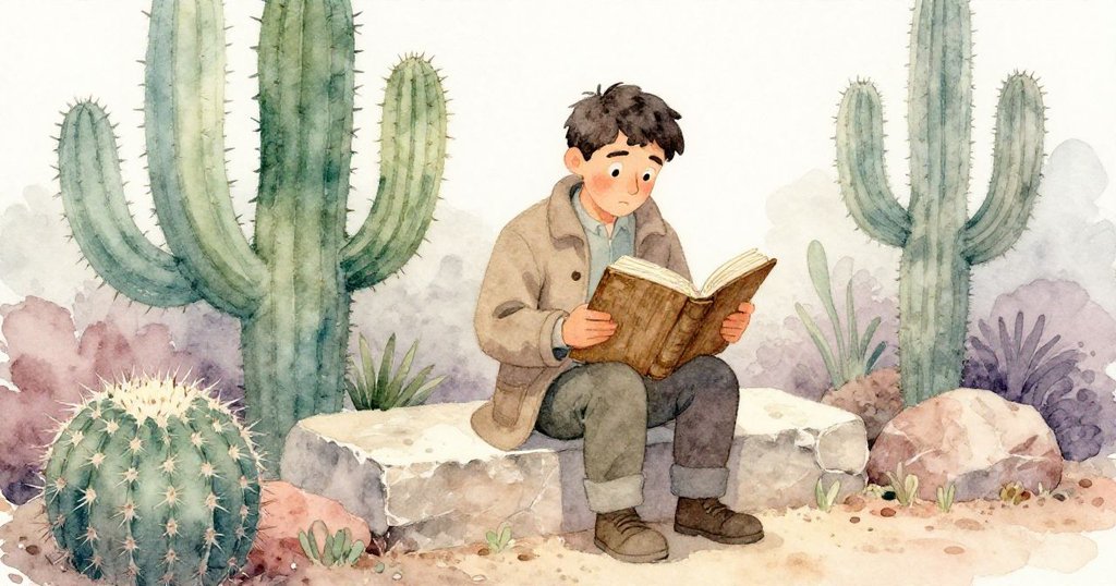 伊凡手持古老日誌細讀，仙人掌旁的砂岩階梯見證歷史痕跡，充滿溫柔細節。