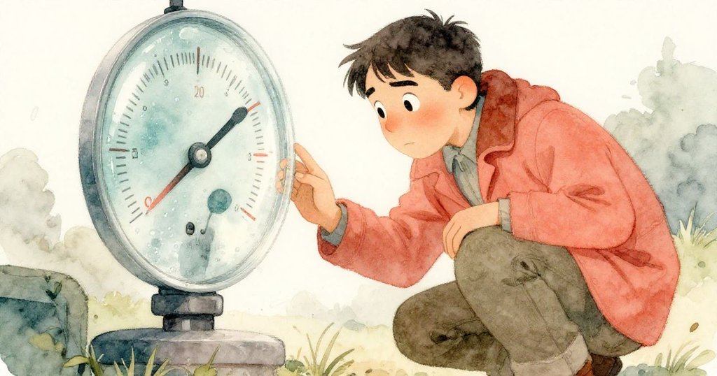 伊凡蹲低身子仔細觀察玻璃儀器上凝結的霧氣，表情專注，角度表達出決心。