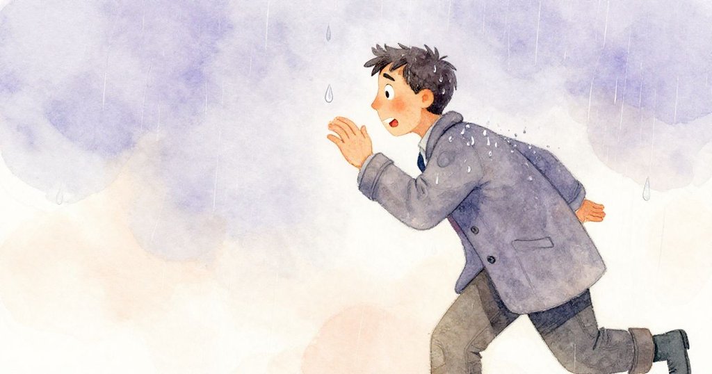 伊凡驚訝地反應，見到樹葉滴下雨珠擊中肩膀，水滴與濕滑石板形成巧妙畫面。