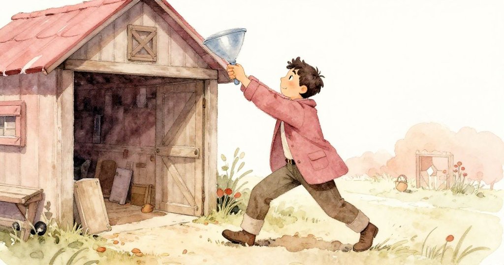 伊凡在小木棚內急速取出塑料漏斗，動感十足準備保護儀器，背景呈現溫暖木質感。