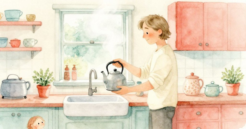 裡德在明亮廚房中舉起水壺，溫暖蒸氣從窗戶飄散，表情平靜，結束雨中奇遇。