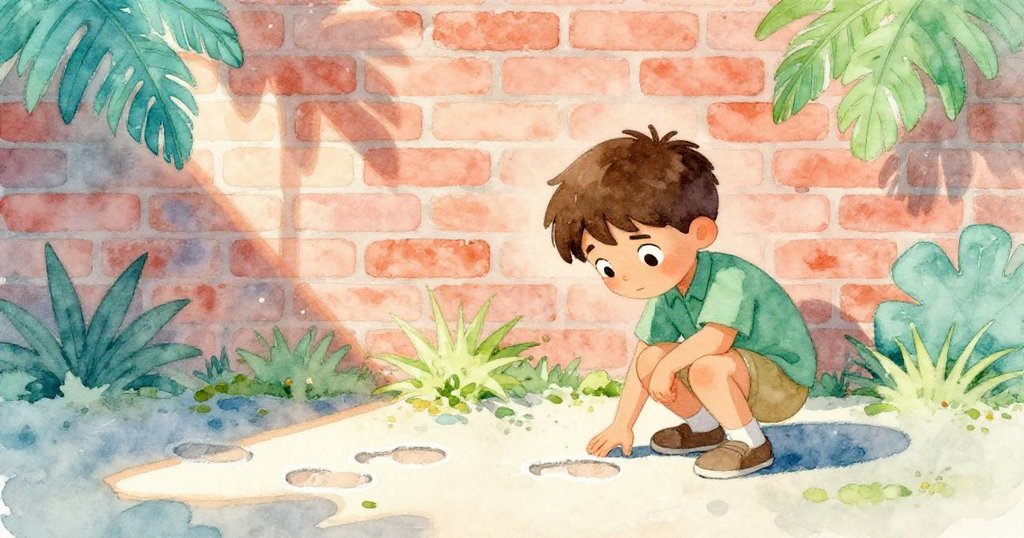 Forrest蹲在光影交錯的磚牆前，專注觀察地上白色粉筆腳印，神情充滿好奇與決心，場景充滿神秘感。