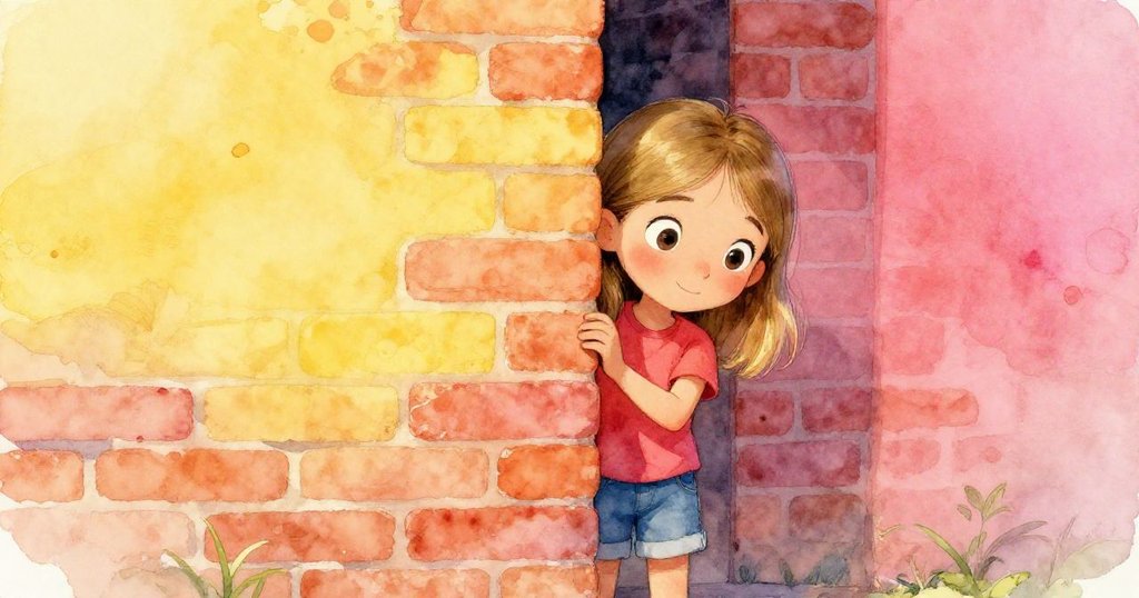 Yara站在隱蔽角落，靜靜看著牆上顏色交融的邊界，眼中流露出好奇與溫柔，場景充滿微妙張力。