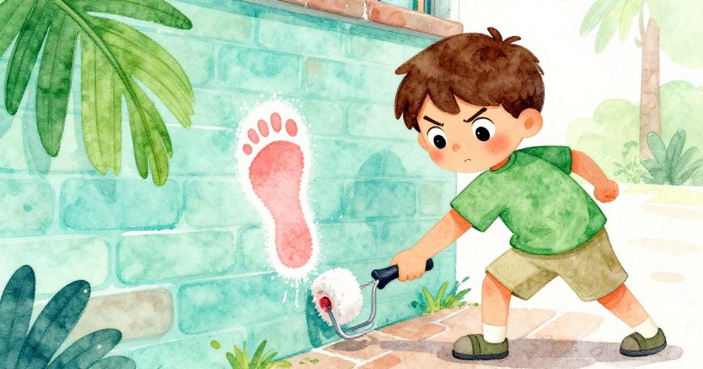 Forrest果斷揮動滾筒沿著粉筆腳印描繪清晰綠色邊線，臉上展現專注與決心，場景進入高潮，充滿活力。