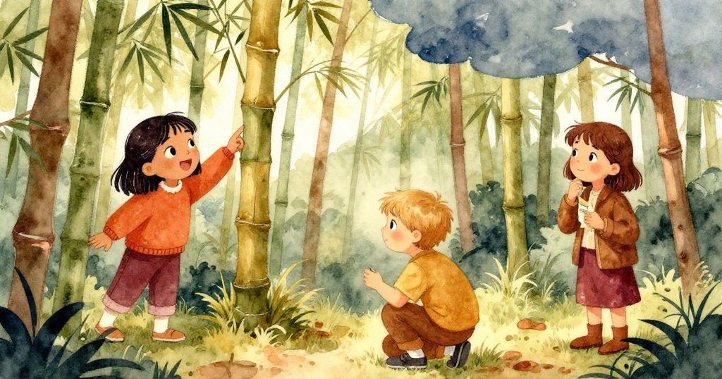 柯拉在青竹林中指向竹子刻痕，阿克斯蹲下檢查，葛瑞塔手持筆記本專注傾聽，陽光透過樹冠灑落，情緒充滿好奇與期待。