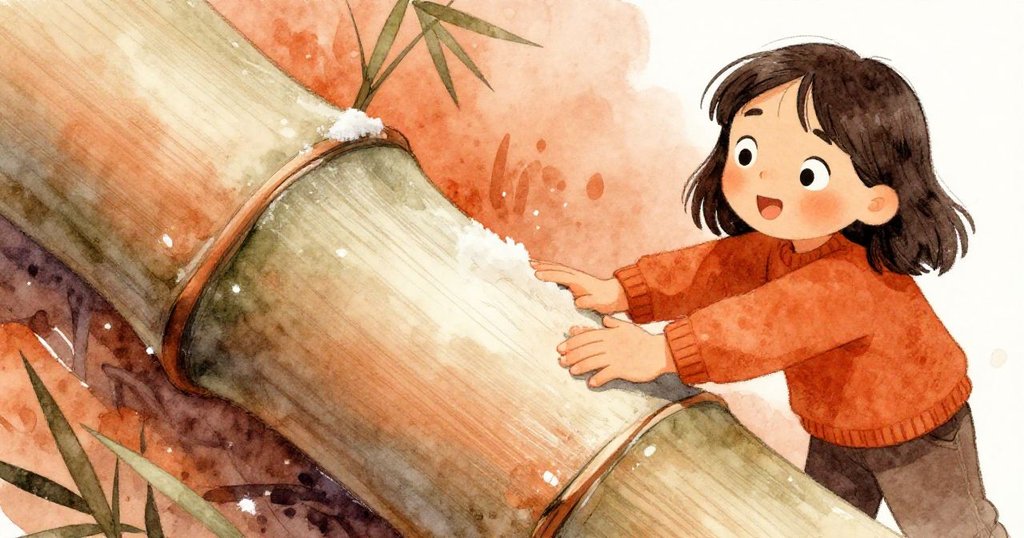 柯拉輕觸竹子上冰白刻痕，其手指細緻觸碰映出神秘回音，專注而充滿期待的表情，隱含音符奧秘。