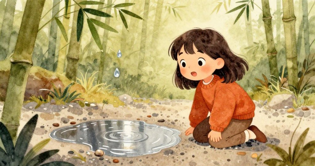 柯拉蹲在碎石上觀察葉間滴落的水珠和倒影，水面映出清澈低沉聲音，充滿神秘魔法般的自然光影。