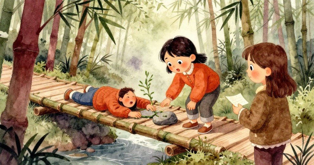 葛瑞塔站在倒塌竹橋旁記錄細節，柯拉放置樹枝與石塊測試聲音，橋身低鳴迴響，現場充滿探索科學氣息。