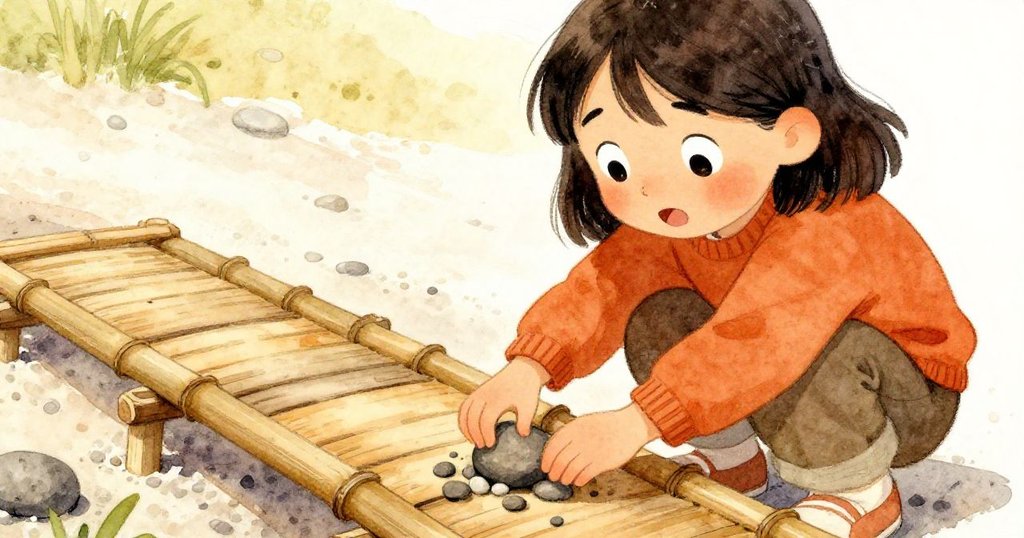 柯拉專注神情中移除中間石子，石子落向蒼白碎石，竹橋發出清晰低音，發現瞬間充滿驚喜與啟發。