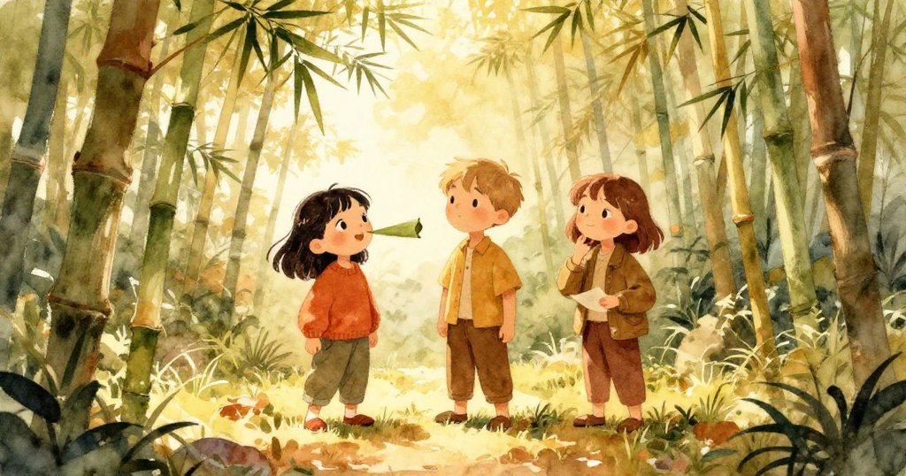 在陽光明媚的空地中，柯拉、阿克斯與葛瑞塔共享寧靜喜悅，竹子微鳴映出柔和光影，環境洋溢和諧與滿足感。