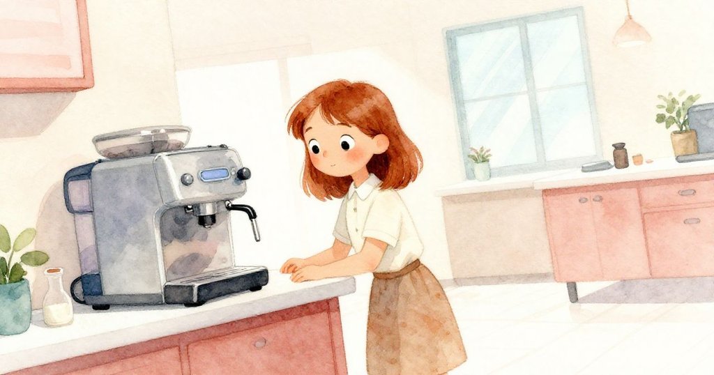 梅芙站在休息室內，靠近反射窗光的咖啡機，表情略帶緊張，背景有微妙傾斜的角度與開著的門。