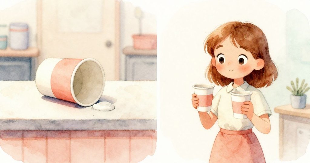 梅芙的畫面分成兩部分，一邊展示紙杯從櫃檯滑落，另一邊顯示她穩穩拿著兩隻杯子，動作細緻且充滿故事感。