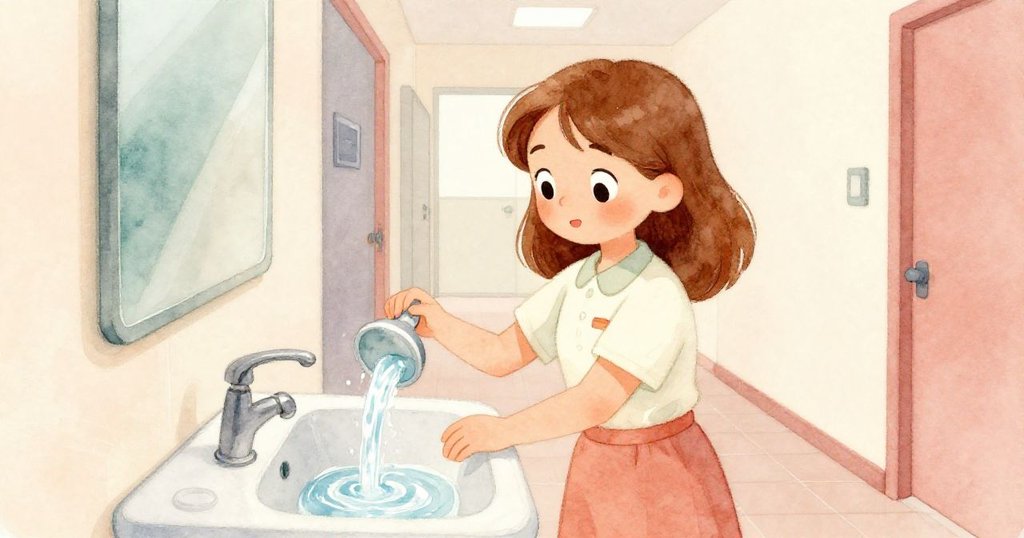 梅芙在走廊水槽前倒水，水流如水銀般蜿蜒，臉上流露出專注與堅定，環境清新冷靜。