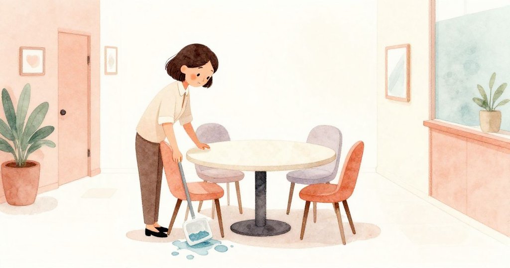 格里爾在走廊輕柔地清理水漬並移動椅子，神情平和，環境溫暖寧靜，為忙碌結束畫上完美句點。