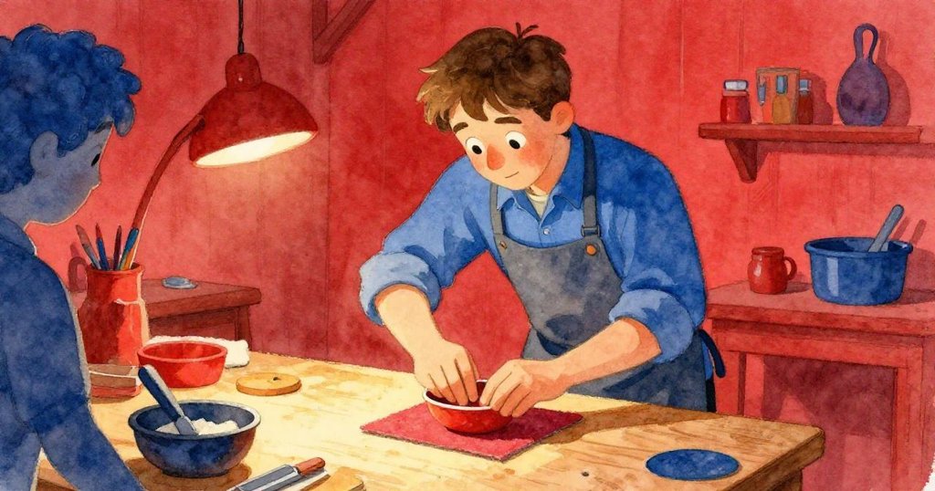 奧托在溫馨工作室內,專注地按壓毛氈於碗下,窗外透入柔光,桌上工具零散,開始創作。