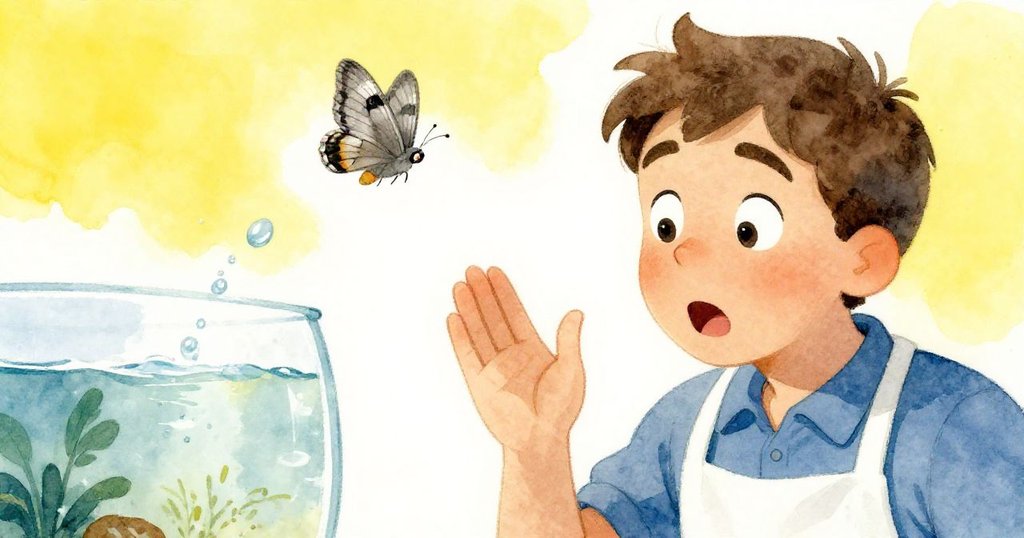 奧托因灰色蛾子驟現而驚訝,水珠從小水族箱中濺落至手腕,臉上表情清晰,情緒突顯。