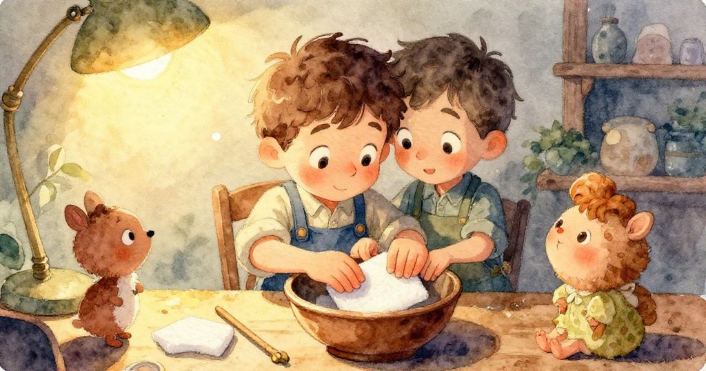 從上方俯瞰,奧托工作台上毛氈、碗與草束整齊分布,水族箱中的金魚激起微波,細節豐富。