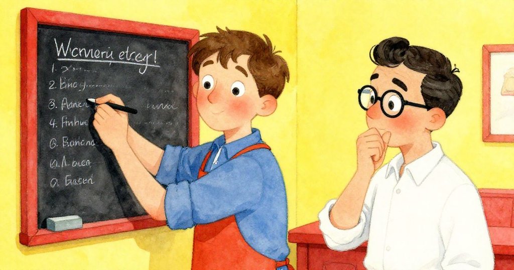 烏爾里克在次房間用粉筆記數,奧托在旁點頭認同,室內工具散落,氛圍溫暖且協作。