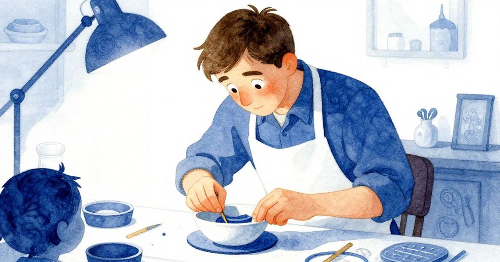 奧托專注地調整碗下毛氈層次,神情堅定,手法細膩,展現決心與精準,工作台細節清晰。