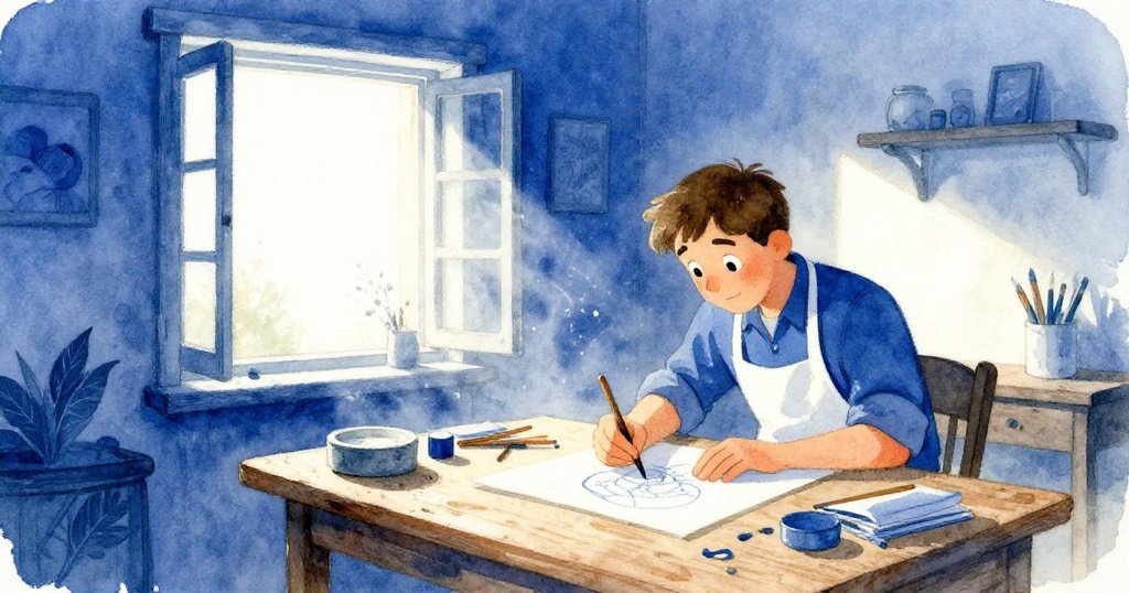 奧托在平靜工作室中靜觀完成之作,窗外柔光照入,灰塵緩緩飄動,場景寧靜而滿足。