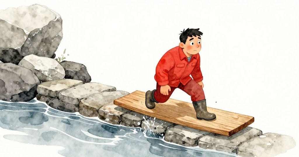 Ira 積極推木板改變水流,橡膠靴頂著石邊,傾斜畫面展現水花激盪與堅毅神情。