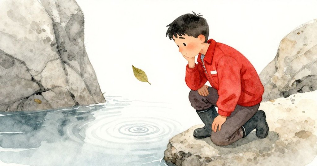 Ira凝視水面倒影,一片樹葉旋轉映微漩渦,神情專注,場景為靜謐流水和岩石環繞。