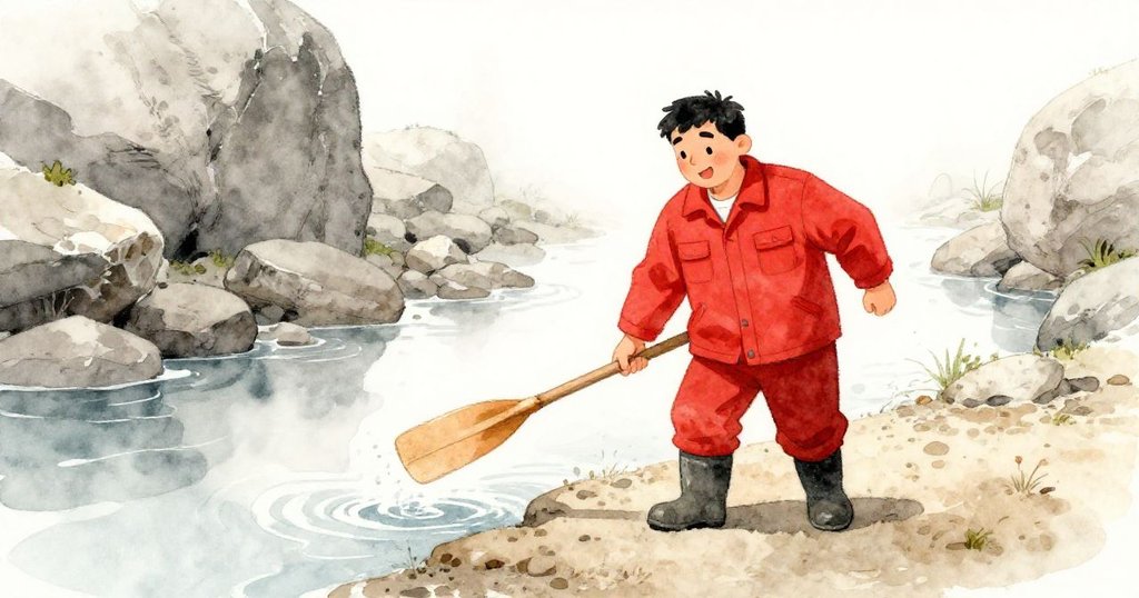 Ira滿臉輕鬆微笑走上乾岸,背後水槳有節奏輕拍流水,畫面溫馨告別繁忙水道。