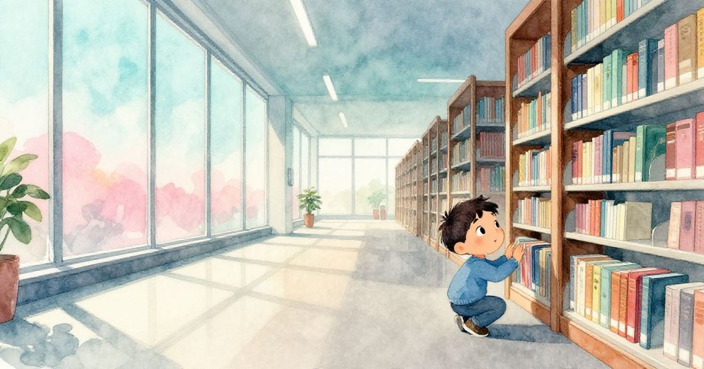 Max在現代圖書館內趴在大窗邊檢查潮濕印記，窗外光影交錯，充滿好奇與探索的情感。