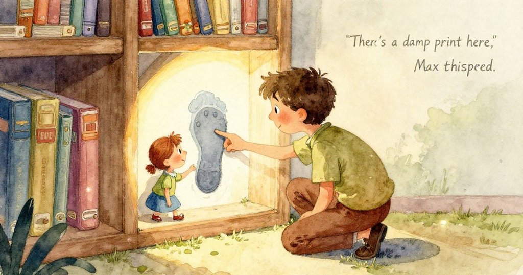 Max的手輕觸藍灰色地毯，露出小鞋印，細膩筆觸展現潮濕質感，充滿神秘與探索的氣氛。