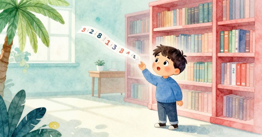 Max凝視著隨風飄動的紙條，柔和光影在圖書館內交錯，營造出現代與神秘融合的氛圍。