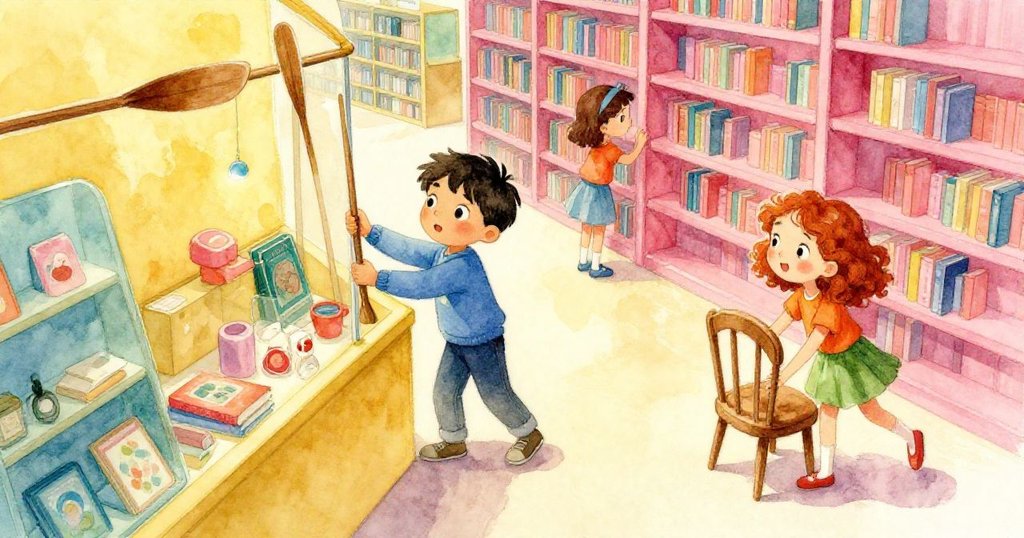 Max從高處取下展示櫃中堅固的木槳，Pearl在桌邊安放椅子，兩人動作協調，暖陽灑落圖書館。