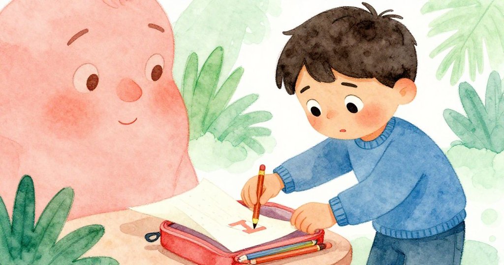 Max專注地用文具壓住飄動的紙條，眼神堅定又充滿希望，近距離展現動作與情感。