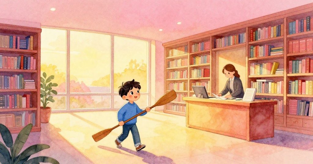 Max在夕陽餘暉中將木槳歸位，圖書館裡管理員整理書籍，整個場景充滿溫暖寧靜與完成感。