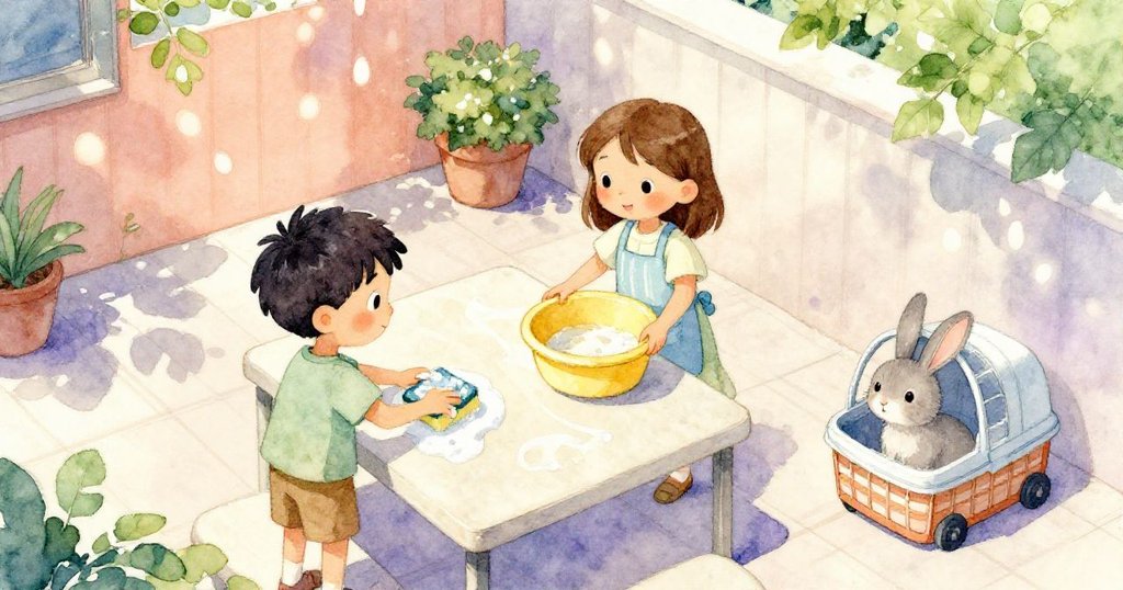 波里斯和西雅在戶外清潔桌面，桌上泡沫流動，小灰兔好奇地從籠中探出頭，陽光灑落溫暖開始。