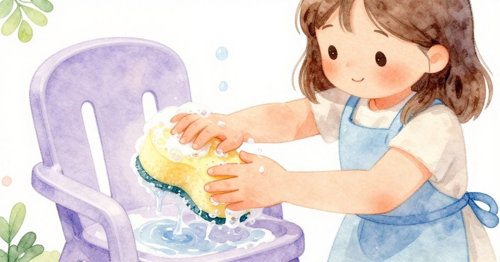 西雅專注浸泡泡沫海綿清洗塑膠椅，細節呈現水滴閃光，泡沫紋理豐富，呈現溫暖輕柔的午後情景。