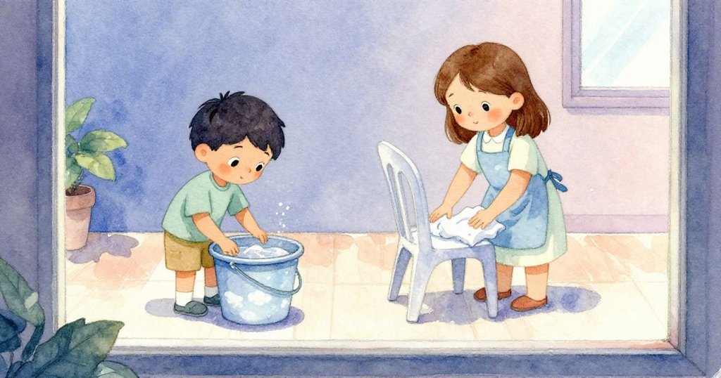 透過窗戶看見波里斯檢查混濁水桶，西雅有條不紊清洗椅子，室內外交融光影柔和，情緒專注。