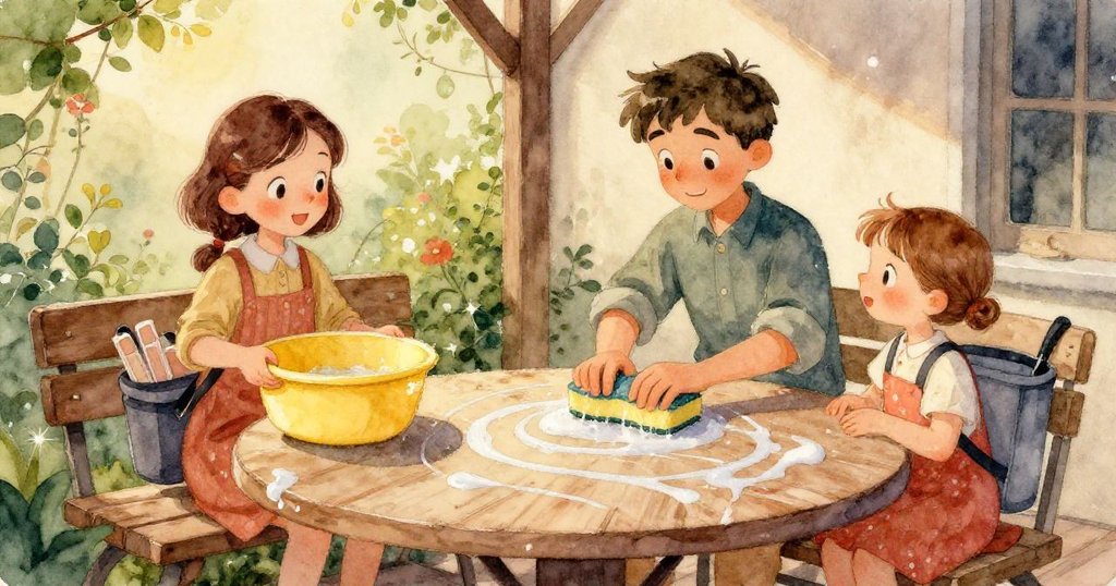 屋外石磚上水滴交織出柔美軌跡，洗槽中泡沫輕盈升起，清潔間隙中環境寧靜溫馨。