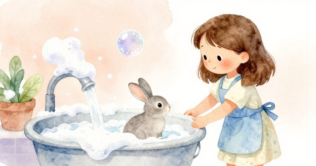 海綿中泡沫溢出形成動態漣漪，一顆肥皂泡飄向小灰兔鬚邊，西雅和波里斯專心調整節奏，畫面生動。