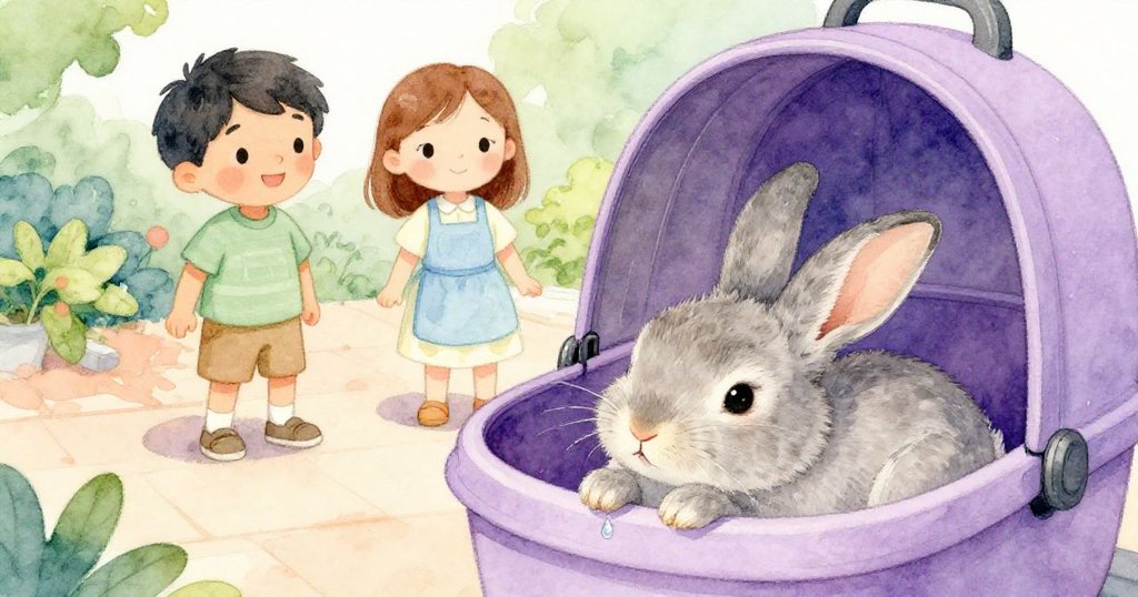 清潔結束後，小灰兔靜靜休憩鬚邊掛著閃亮水珠，波里斯與西雅默然欣賞明亮整潔的戶外空間，洋溢著安寧。