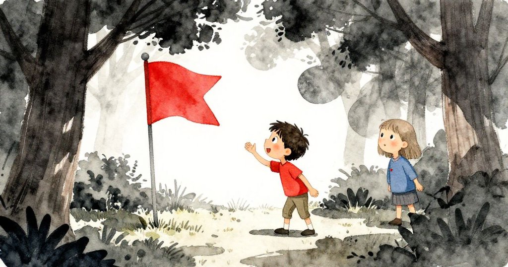 Yves與Harriet在陽光灑落的森林空地,Harriet從樹蔭中走出,兩人充滿活力與期待,背景展現明暗對比。