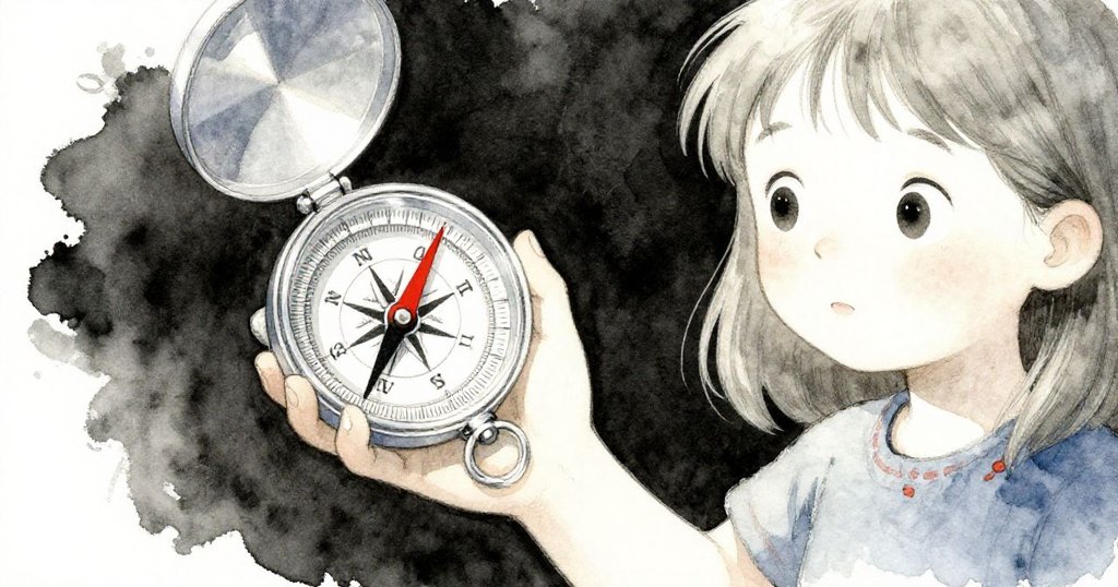 Harriet專注地檢視手中指南針,透明外殼反射陽光,紅針閃爍指向北方,充滿探索精神。