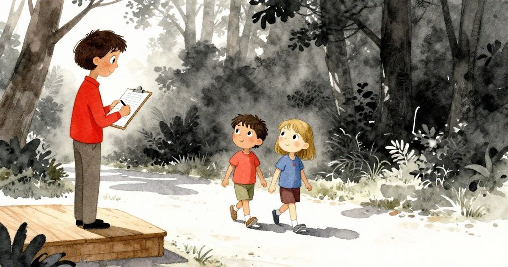 在分層景深的森林中,老師在木臺上記錄筆記,Yves與Harriet沿著明確步道前行,氣氛沉穩而充滿探索。