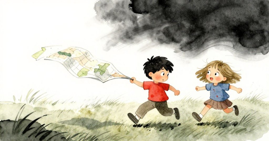 小陣風捲走地圖,Yves與Harriet急忙追趕,草地光影交錯,充滿動感與突發狀態,氣氛緊張活潑。