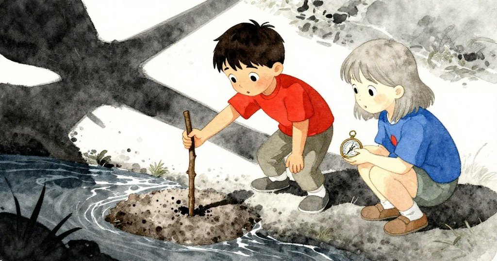 在河邊陽光斜射處,Yves用棍子比對影子,Harriet細心觀察指南針,兩人協作展現堅定探索精神。