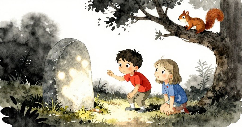 Yves與Harriet合力發現苔蘚覆蓋的指示石,臉上洋溢喜悅,小松鼠在枝頭觀望,場景充滿探索成功的滿足感。