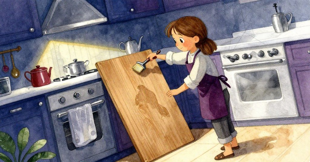 Ivy在溫馨廚房中掃拭刻痕,動作專注且充滿好奇,背景陳設古樸故事開端展現神秘氣氛